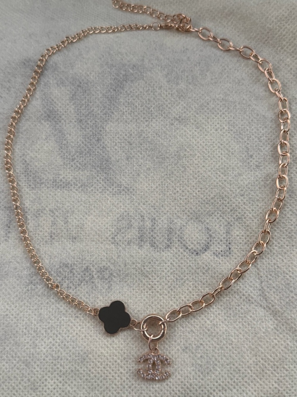 CC Gold Necklace with Black Clover and Crystal CC Pendant